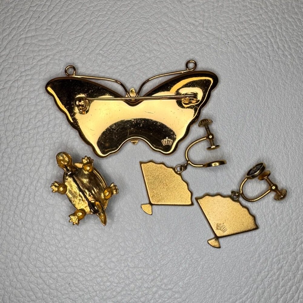 Vintage‎ Spanish Damascene Jewelry Lot Brooches Earrings Gold Inlay Amita - Picture 2 of 7